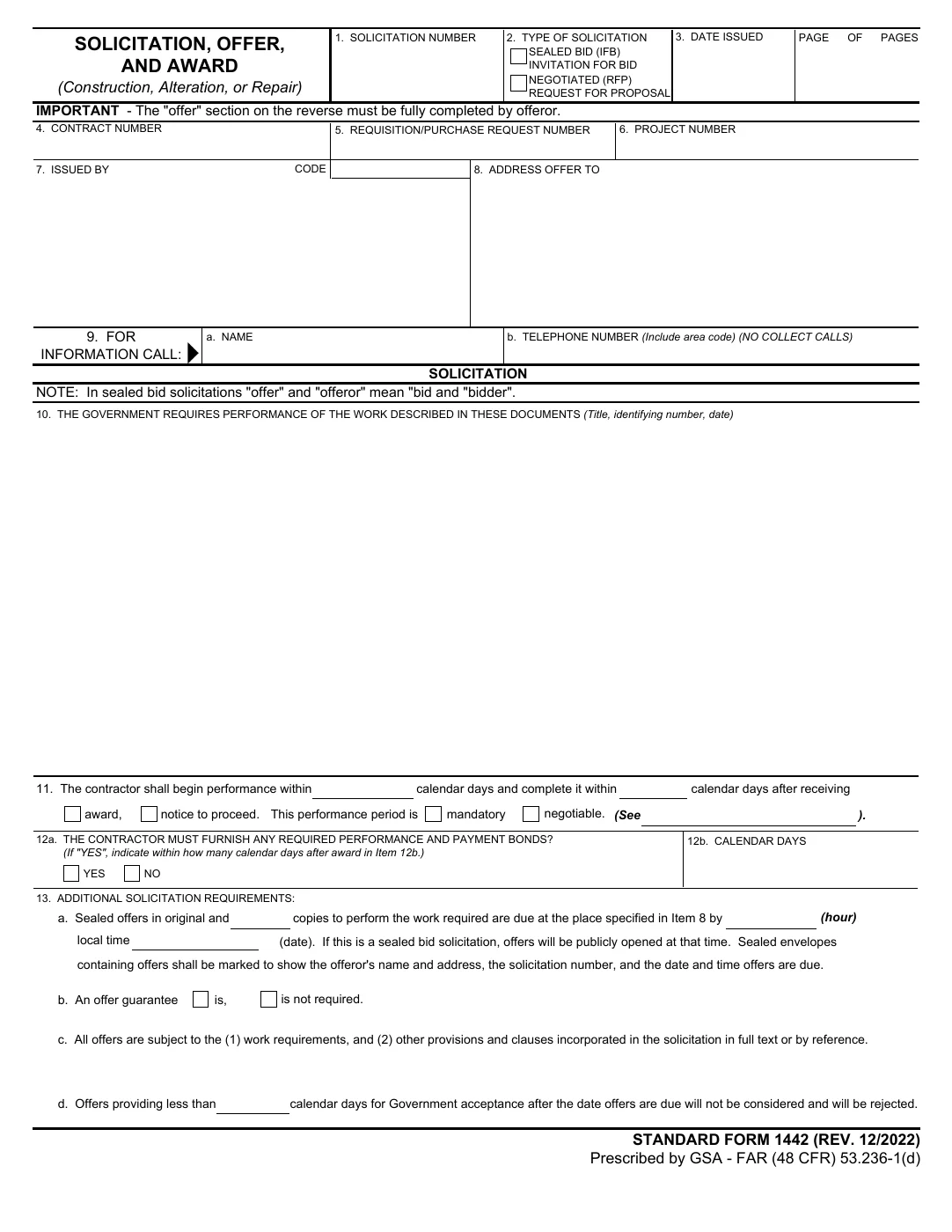SF 1442, page 1 of the official blank form