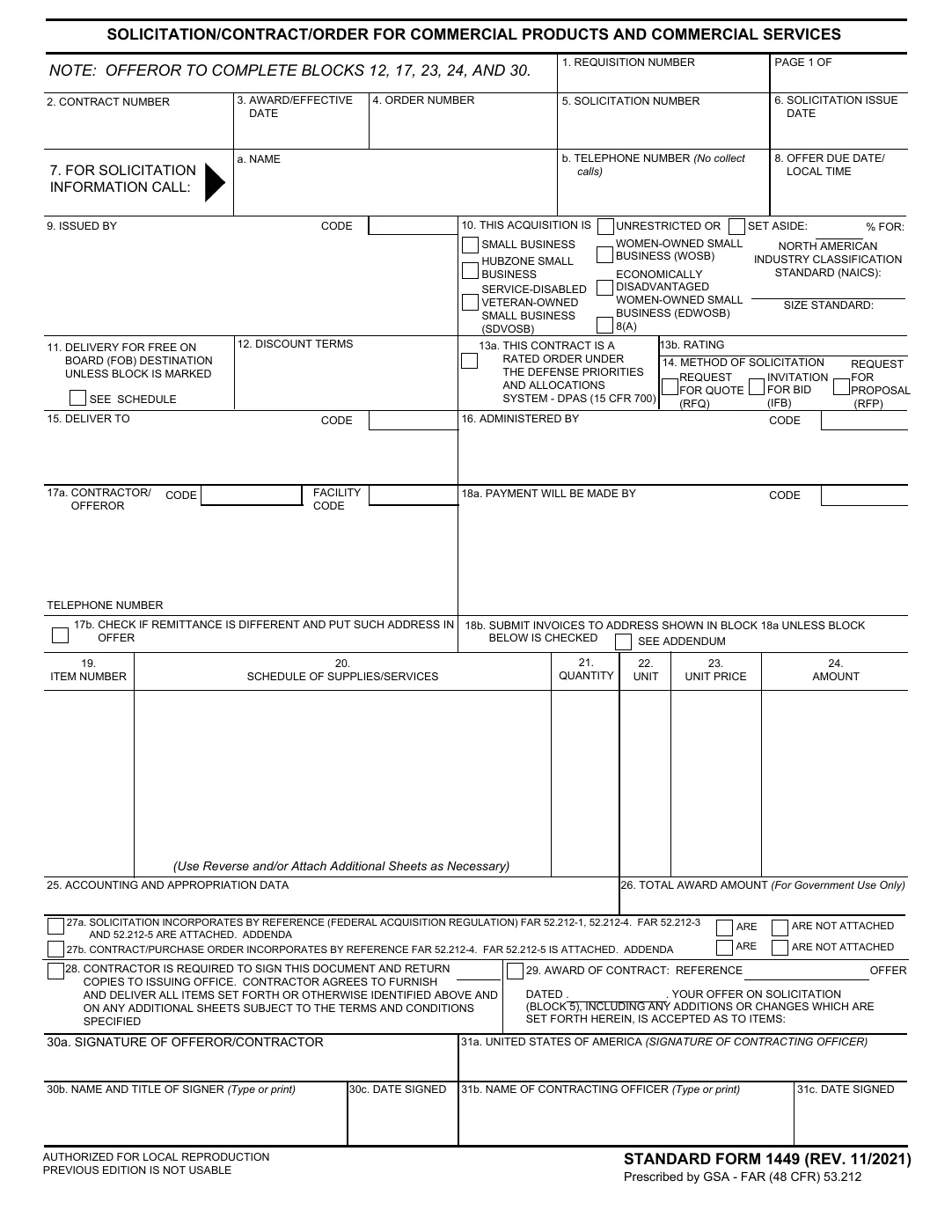 SF 1449, page 1 of the official blank form