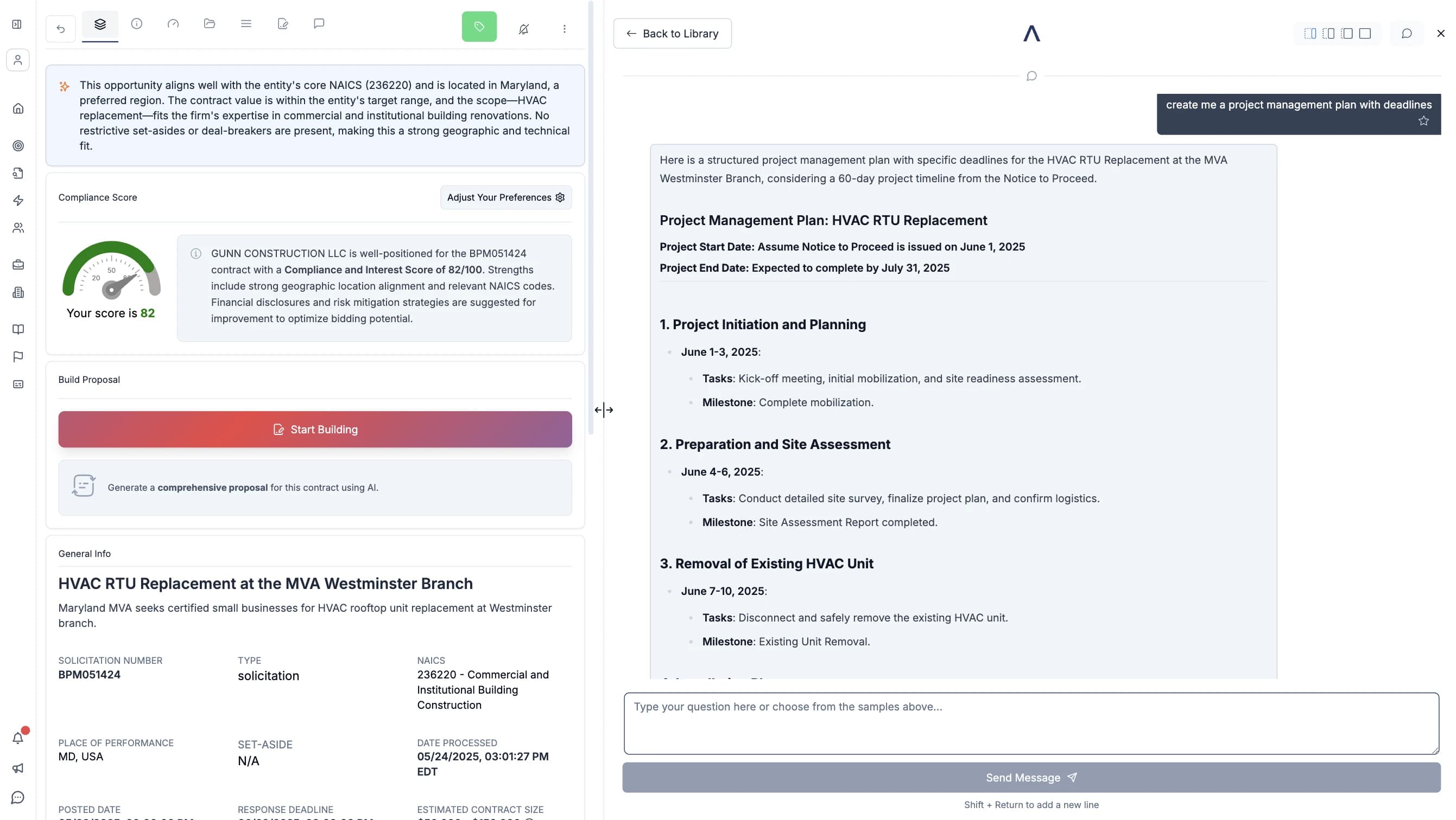 CLEATUS's AI answering user questions and displaying a compliance score for quick bid/no-bid decisions.