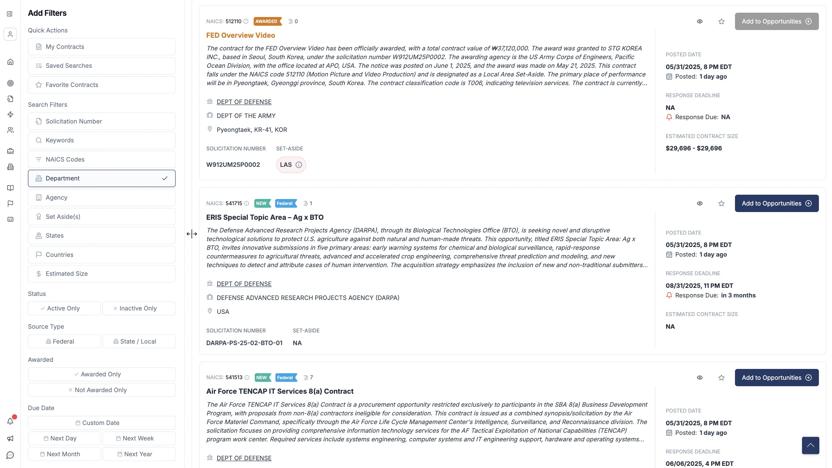 Image of CLEATUS Contract Search Engine, showing federal and state contracts.