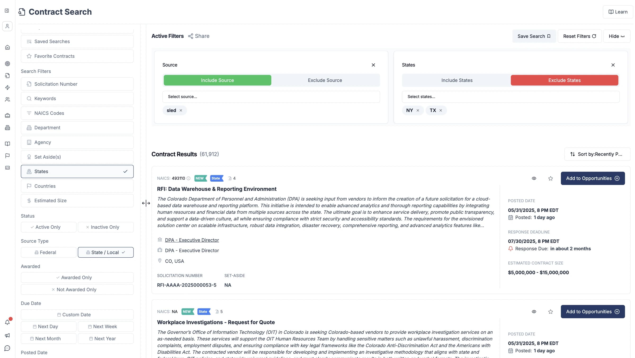 Image of CLEATUS Contract Search Engine, showing federal and state contracts.