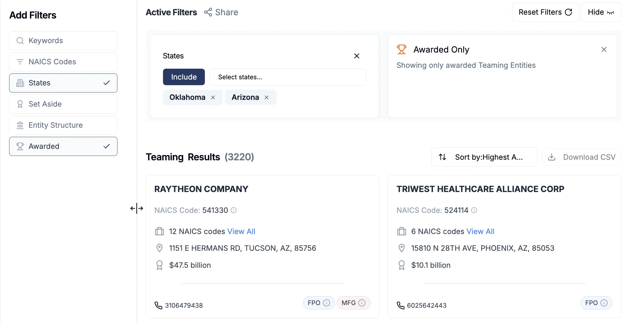 CLEATUS interface showing advanced contractor search and filtering options