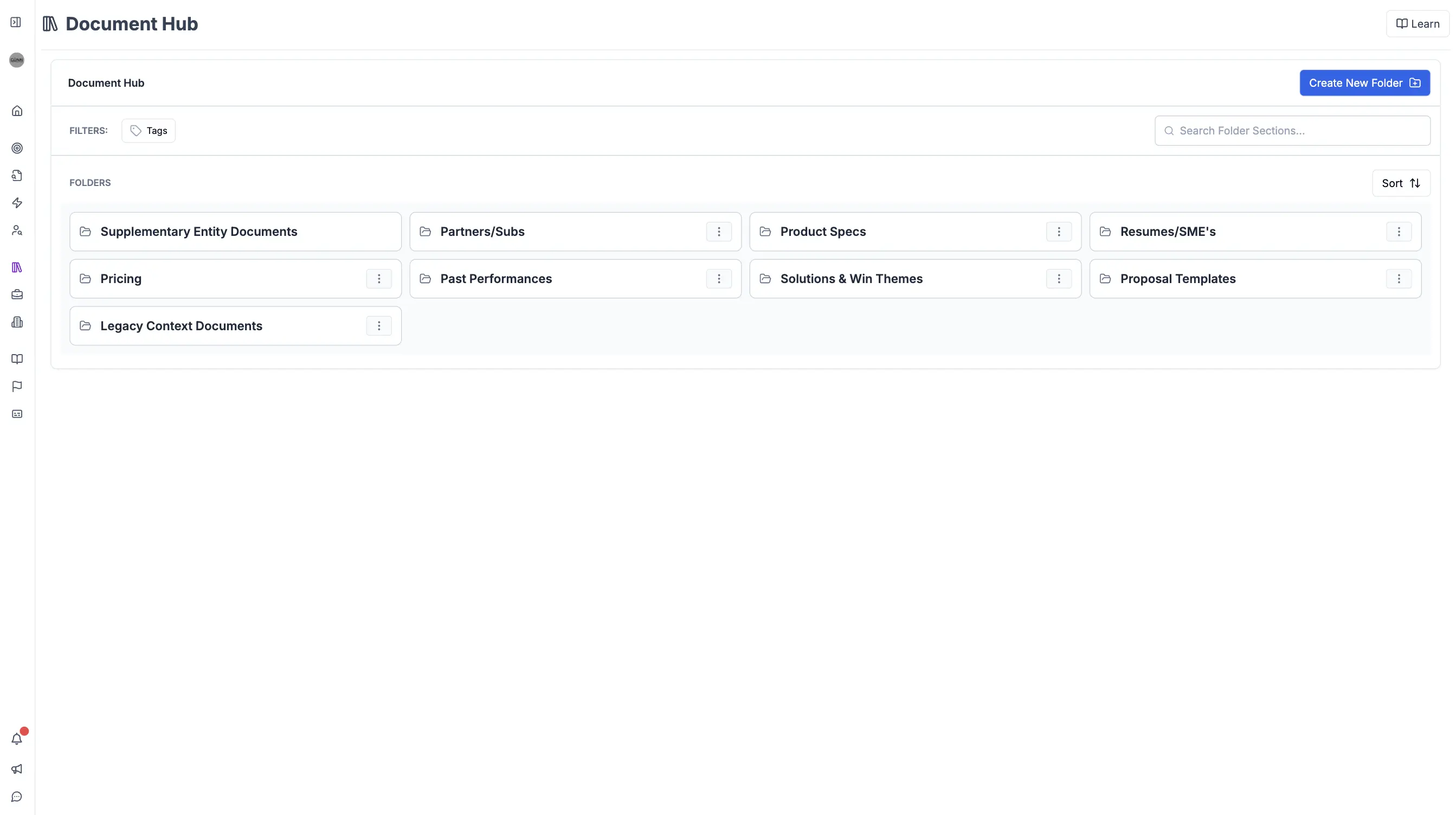 CLEATUS Document Hub interface showing organized folders and file management system.