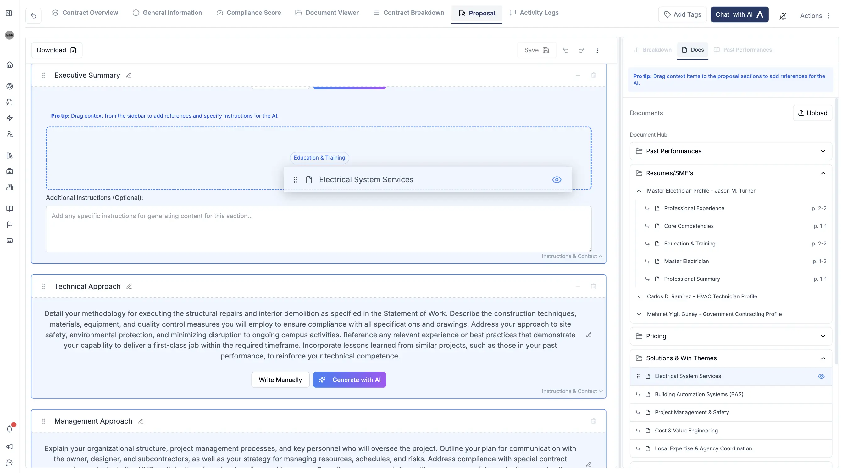 CLEATUS interface showing seamless integration between Document Hub and proposal writing.