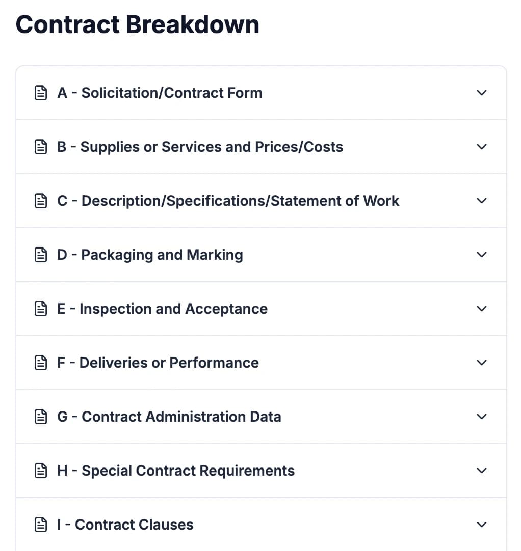 Contract breakdown interface showing pricing section with compliance guidelines