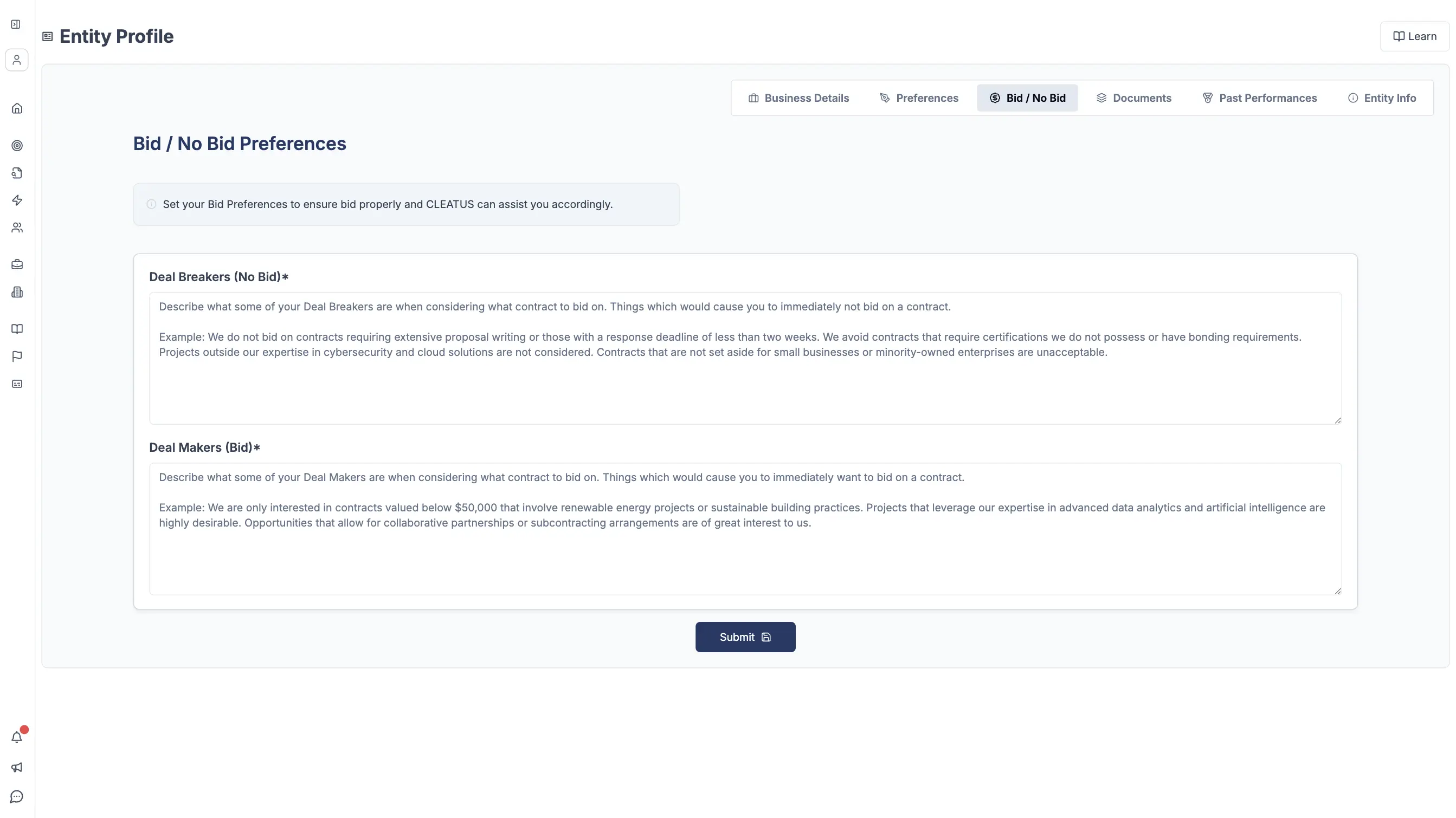 CLEATUS interface showing smart bid preferences customization.