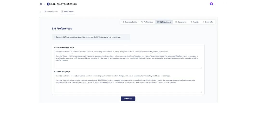 Image of the bid makers and bid breakers preferences in CLEATUS