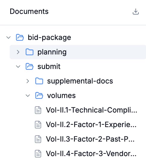 CLEATUS bid package with folders and files for each proposal volume and section