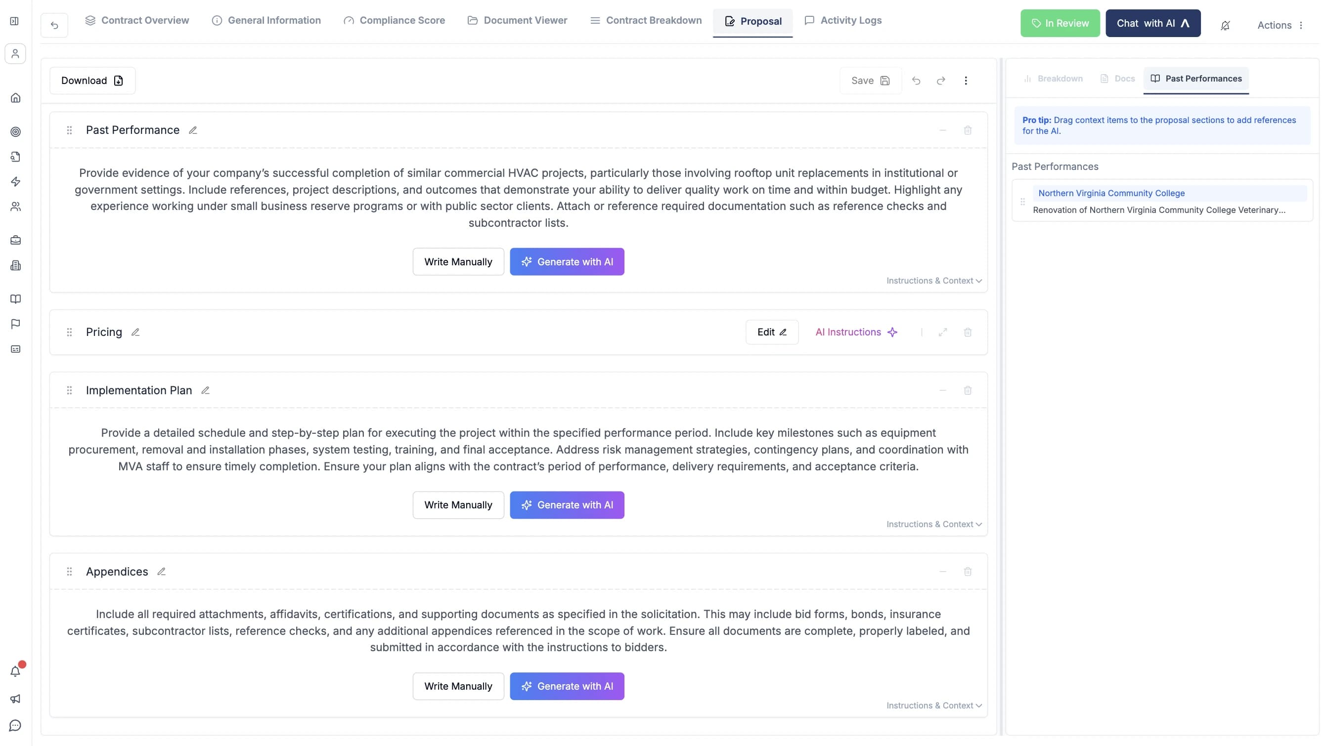 CLEATUS creates proposal elements such as staffing plans, technical approaches, and pricing models.