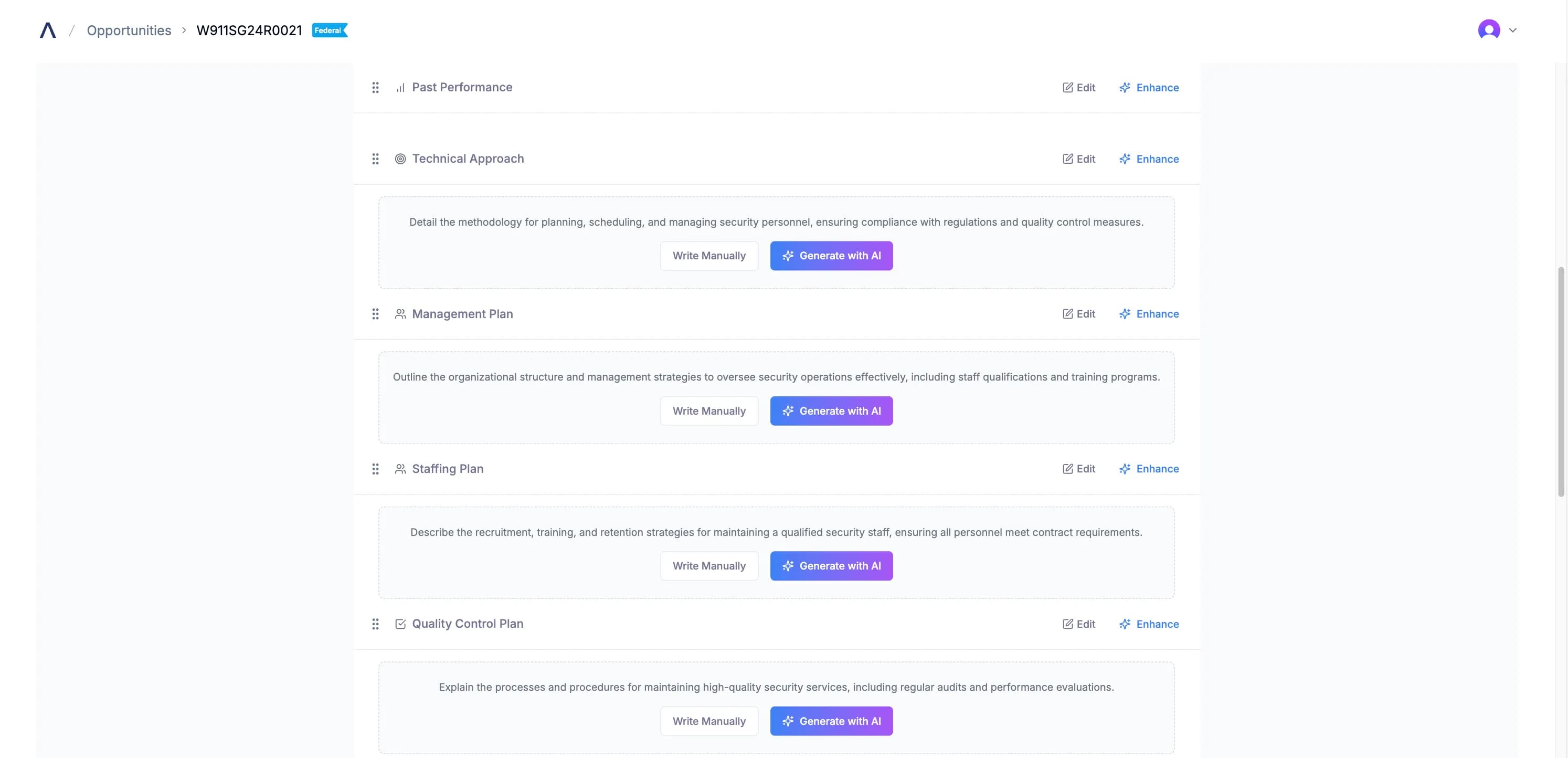 CLEATUS creates proposal elements such as staffing plans, technical approaches, and pricing models.