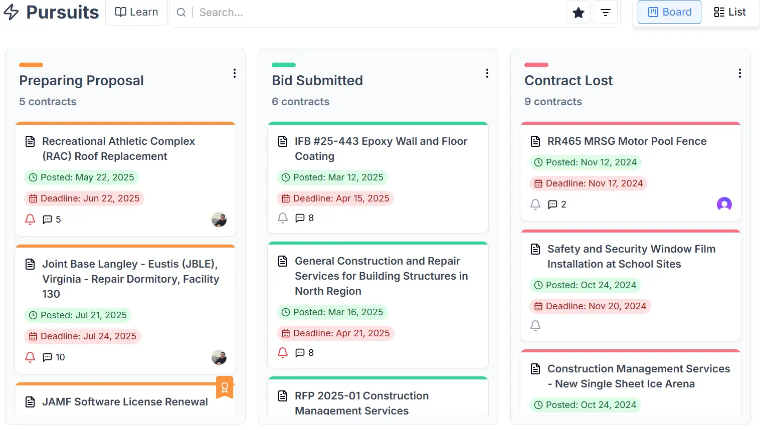 CLEATUS pursuit management CRM showing government contract pipeline and team collaboration