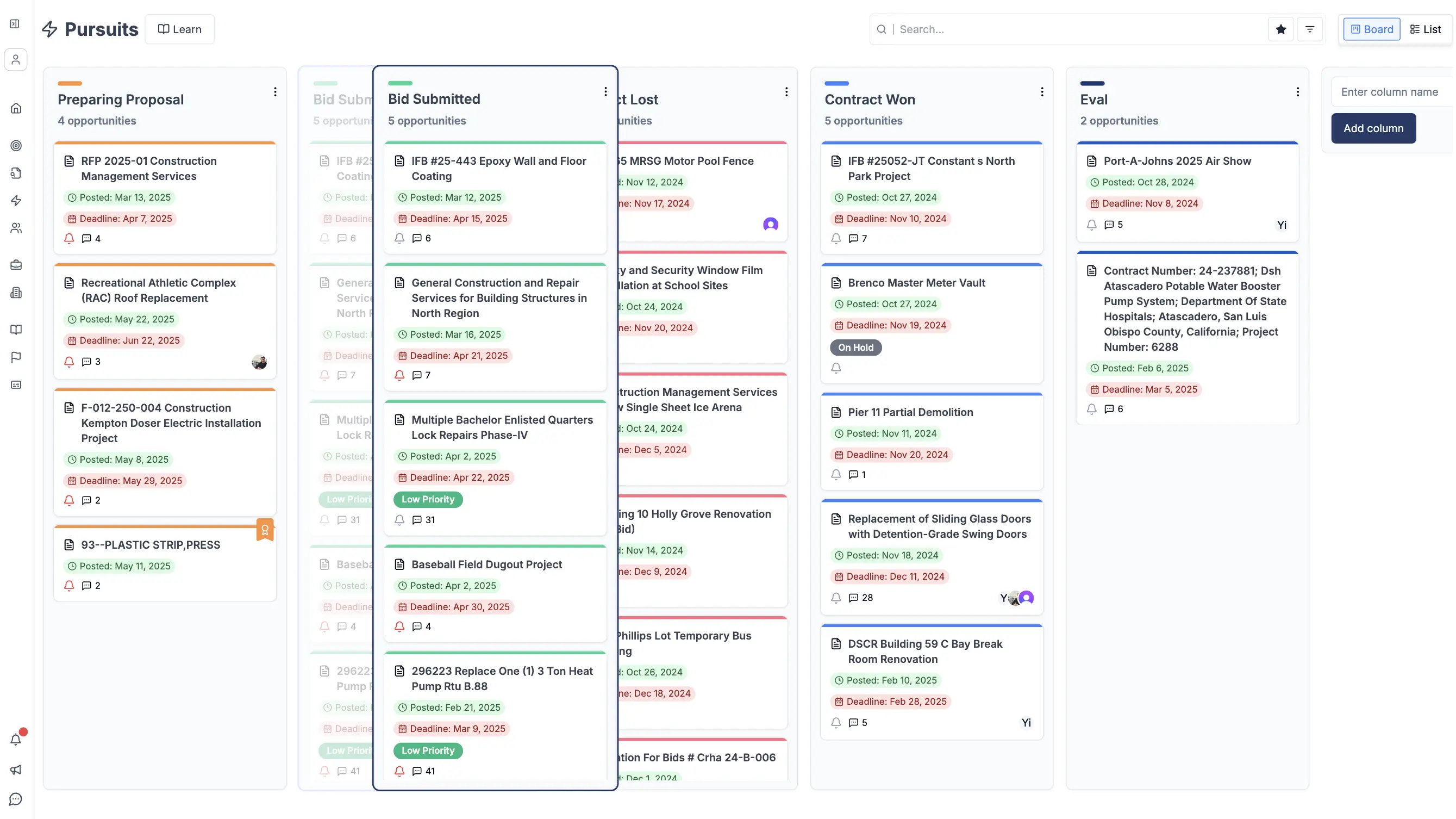 CLEATUS pursuit management interface showing opportunity tracking