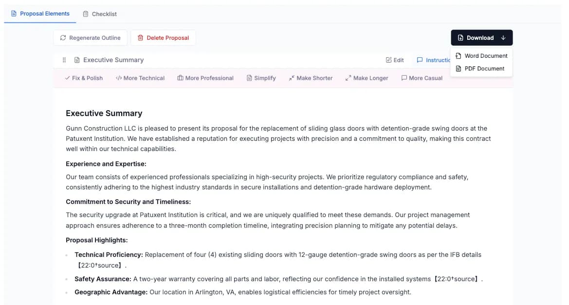 Screenshot of CLEATUS’s interface allowing PDF and Word downloads.