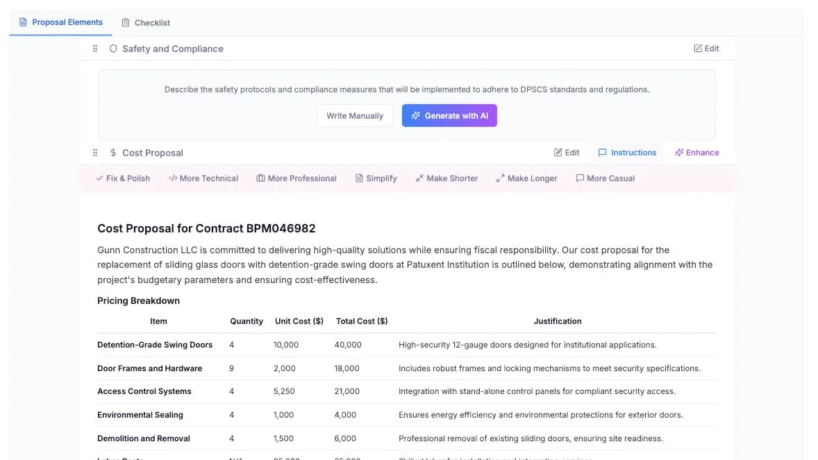 Snapshot of CLEATUS’s AI-enhanced formatting tools for error-free proposals.