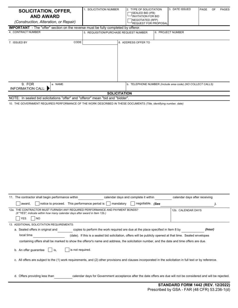 SF 1442 official blank form preview
