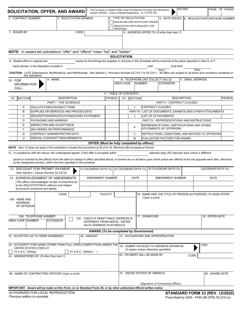 SF 33 official blank form preview