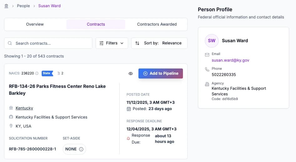 CLEATUS interface showing people search with Contracting Officer profiles and contact information