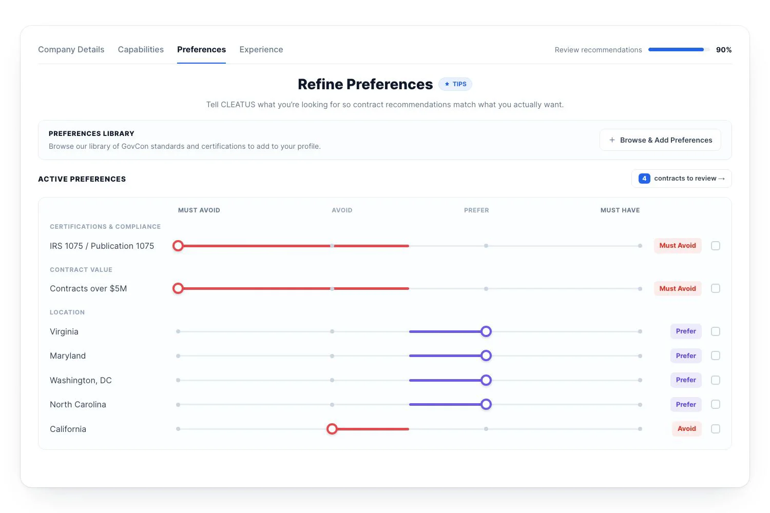 CLEATUS capture profile tuning with Must Avoid to Must Have sliders across certifications, contract value, and location