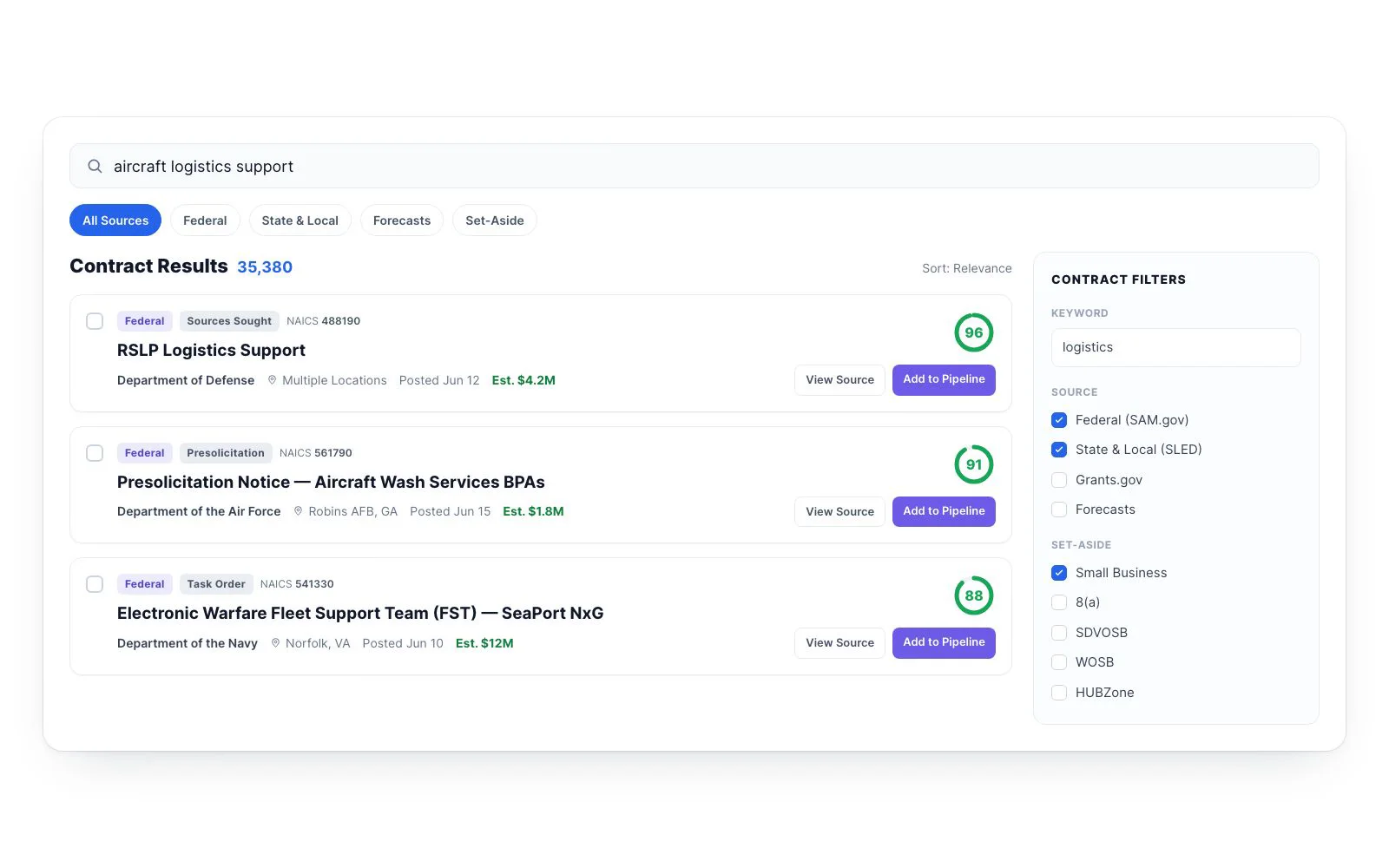CLEATUS contract search returning 35,380 results across federal, state, and local sources with match scores and filters