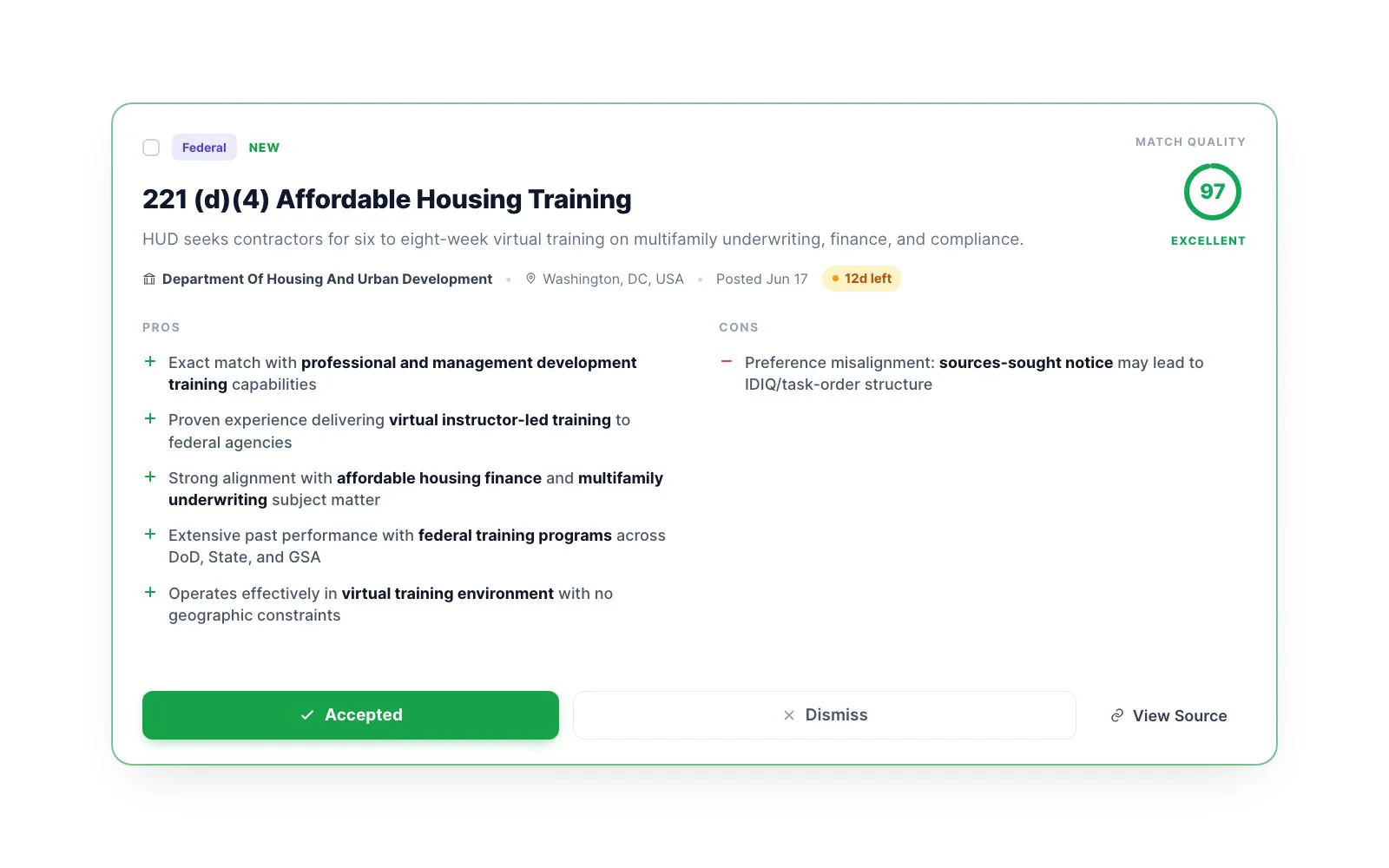 CLEATUS AI matching showing a government contract opportunity with a 97 match-quality score, pros and cons, and an Accept action