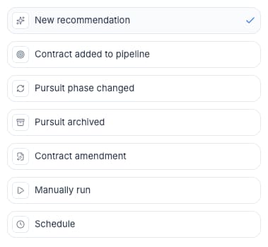CLEATUS workflow trigger options including new recommendation, contract added to pipeline, pursuit phase changed, amendments, manual run, and schedule