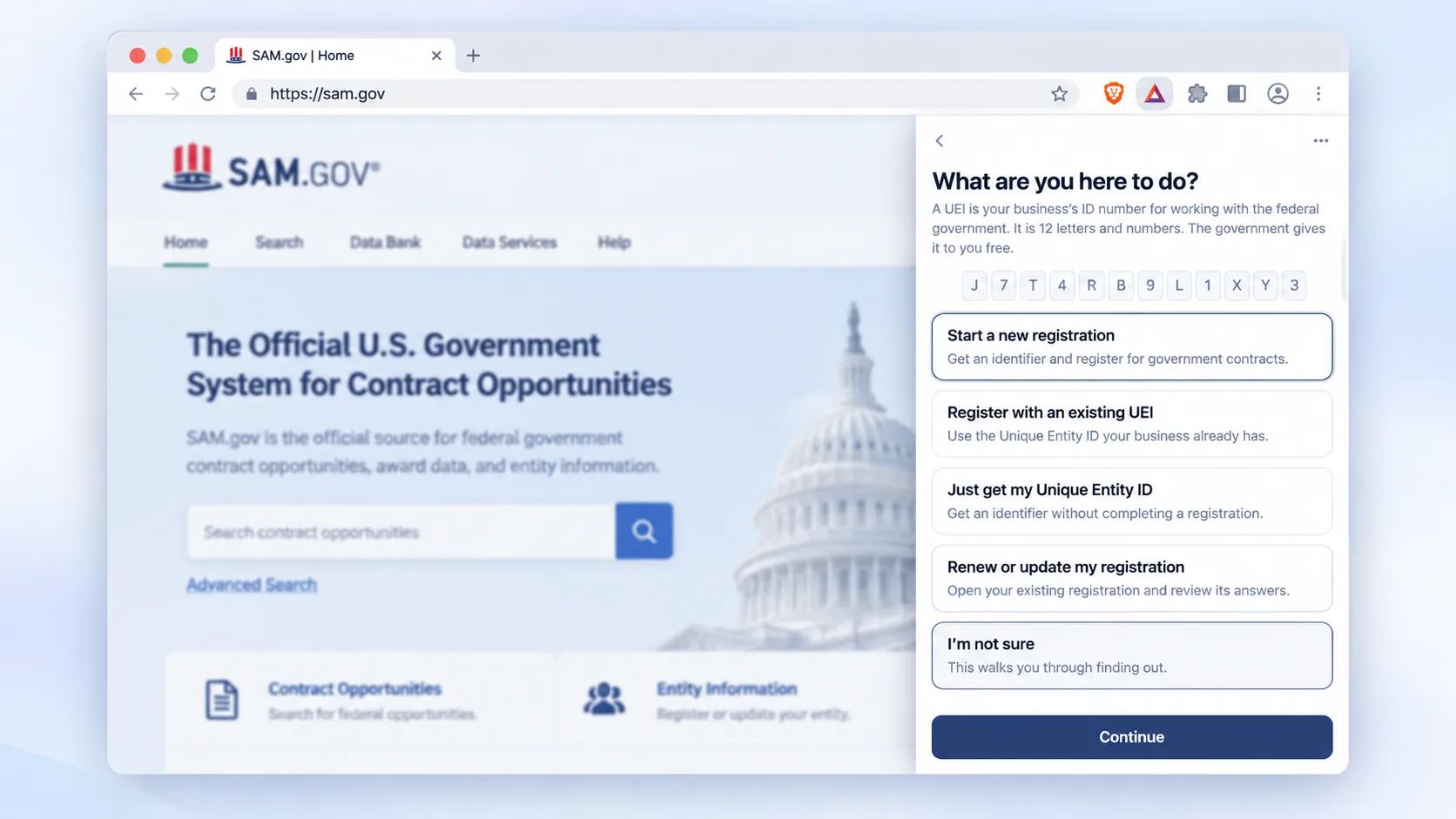 The CLEATUS side panel open beside the SAM.gov home page, asking what you are here to do.