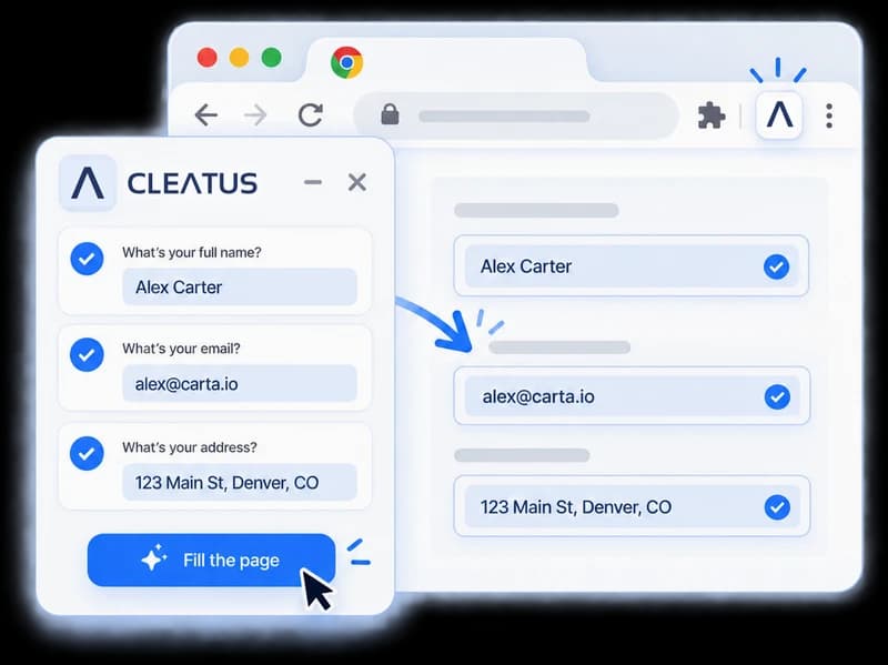 The side panel holding answered questions above a Fill the page button, with the answers landing in the form beside it.