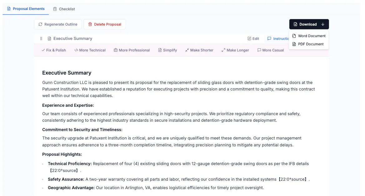 Screenshot of CLEATUS's interface allowing PDF and Word downloads.
