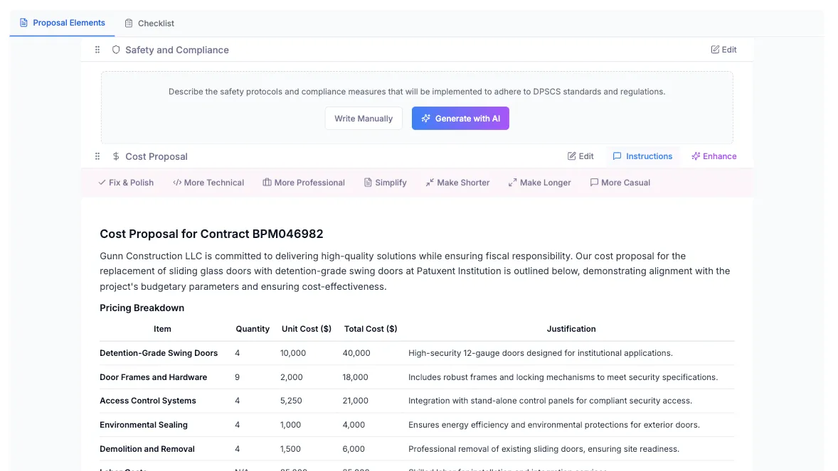 Snapshot of CLEATUS's AI-enhanced formatting tools for error-free proposals.