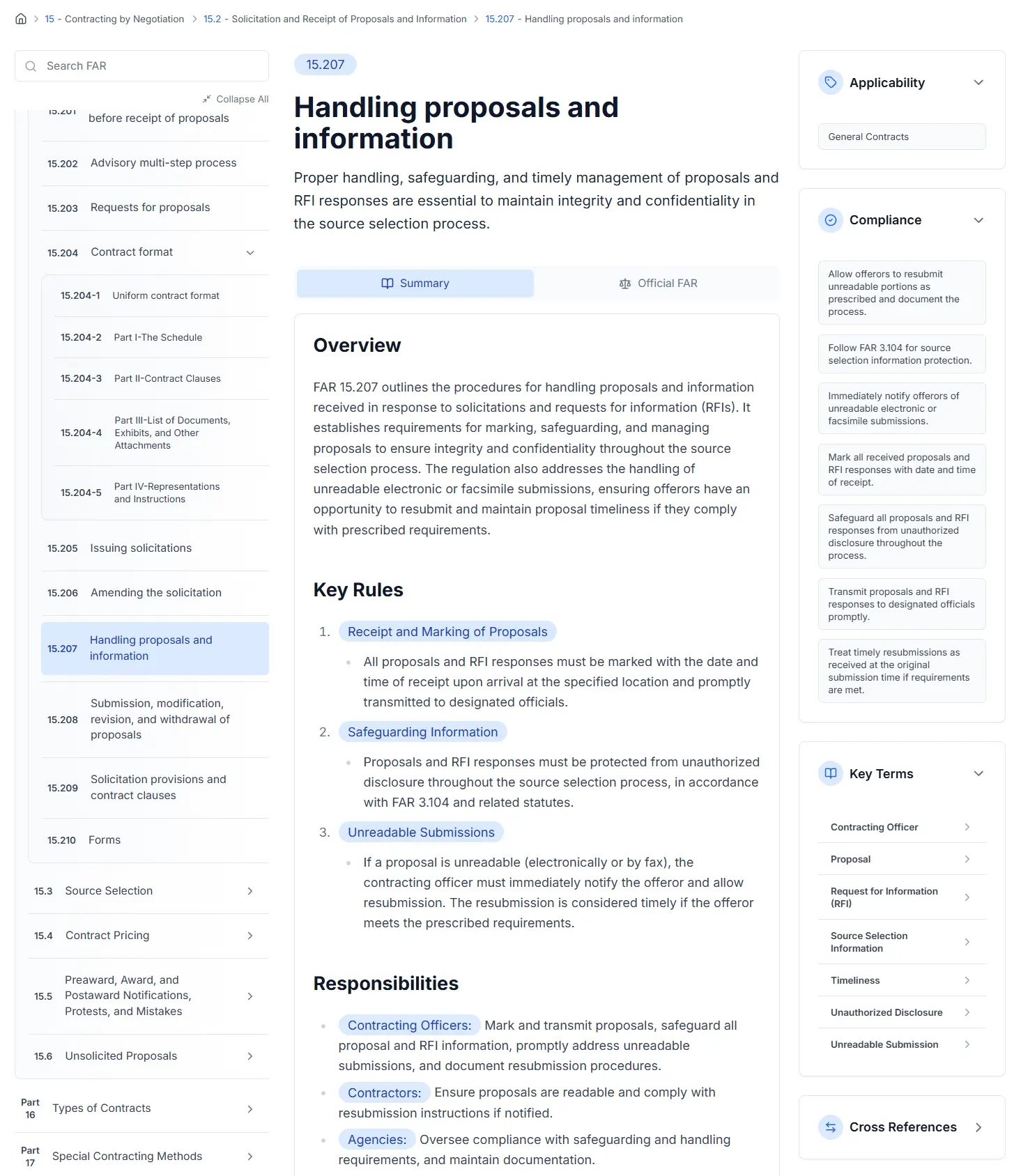 FAR Navigator Dashboard - FAR 15.207 Handling Proposals and Information