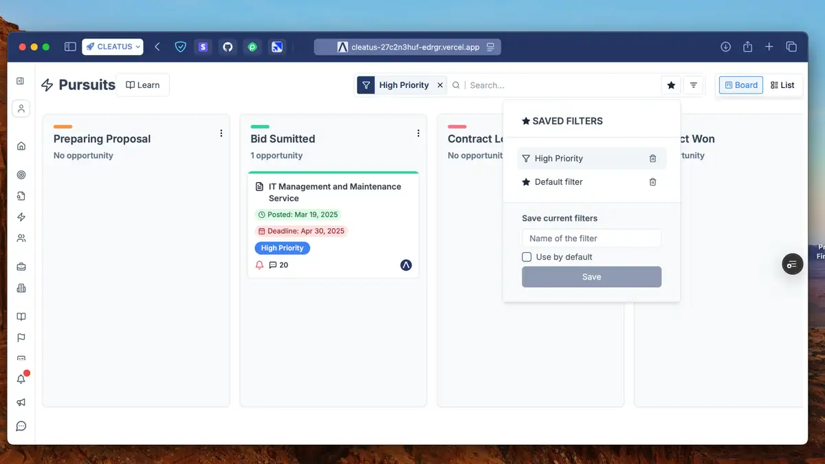 Save & Set Default Filters in Pursuits
