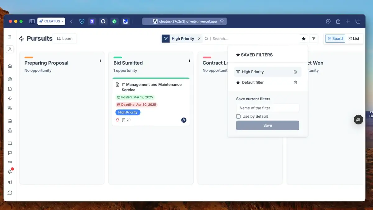 Save & Set Default Filters in Pursuits