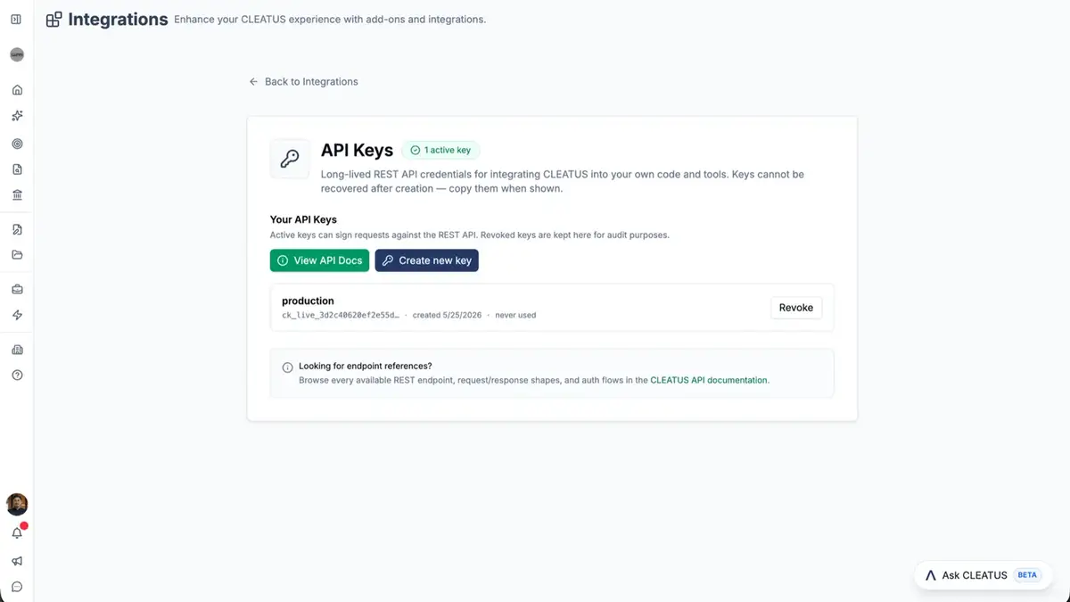 CLEATUS now has a full REST API with API key support 🔑