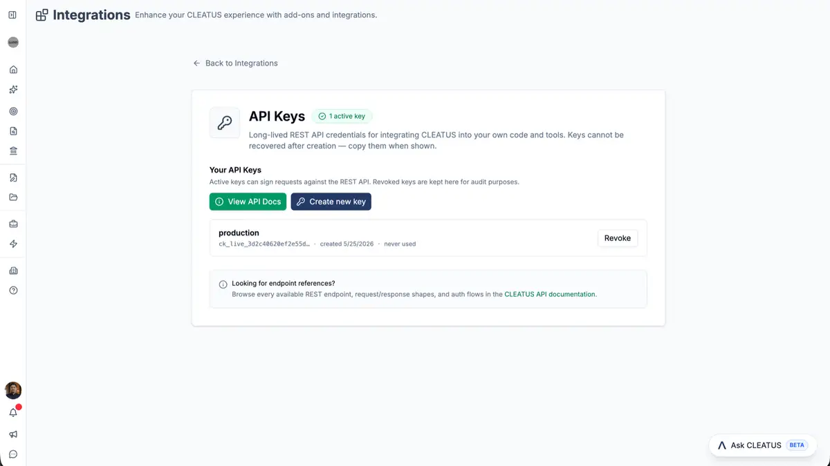 CLEATUS now has a full REST API with API key support 🔑