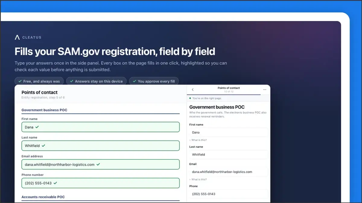 Fill your SAM.gov registration with the free CLEATUS Chrome extension π§©